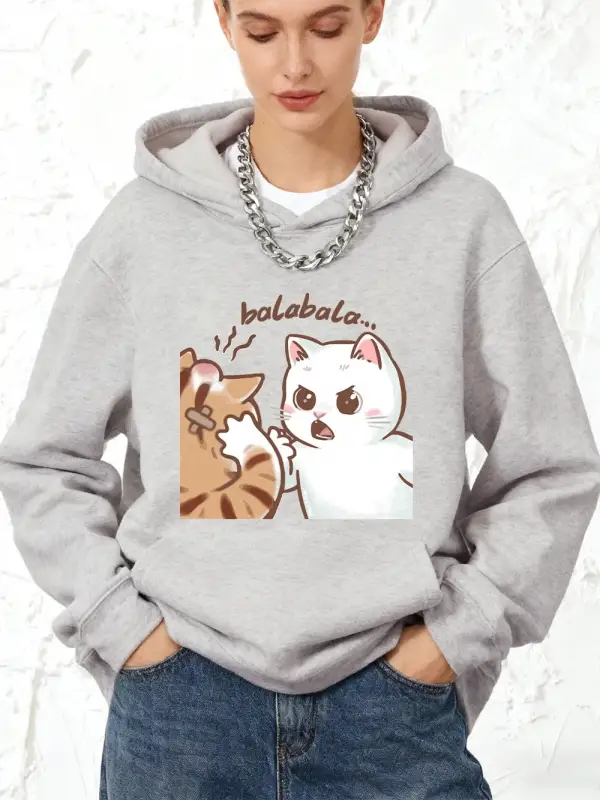 Eğlenceli İki Kedi Kavga Ediyor Baskılı Pamuklu Kapüşonlu Kadın Kışlık Bol Sweatshirt Polar S