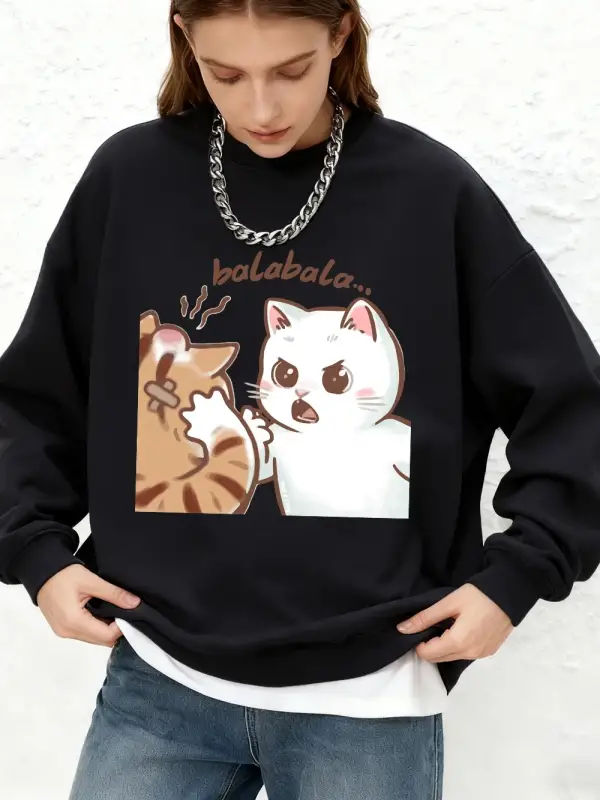 Eğlenceli İki Kedi Kavga Ediyor Baskılı Sweatshirt Kadınlar Sonbahar Bol Jogger Kapüşonlu Üst