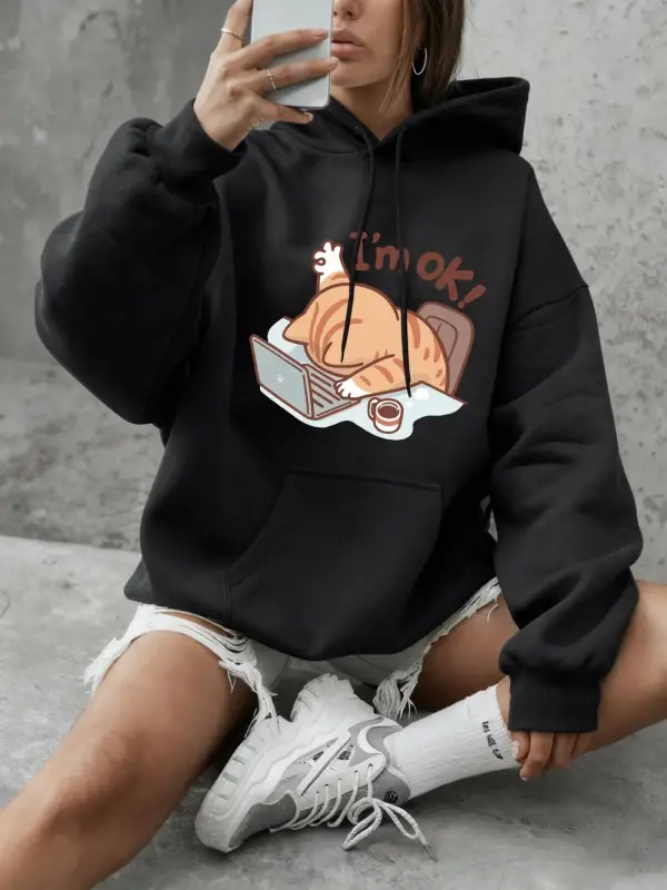 Eğlenceli Kedi Ben İyiyim Baskılı Kapüşonlu Üstler Kadın Günlük Bol Sweatshirt Kışlık Polar S