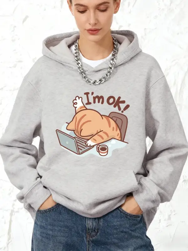 Eğlenceli Kedi Ben İyiyim Baskılı Pamuklu Kapüşonlu Üstler Kadınlar İçin Cepli Eşofman Üstü S