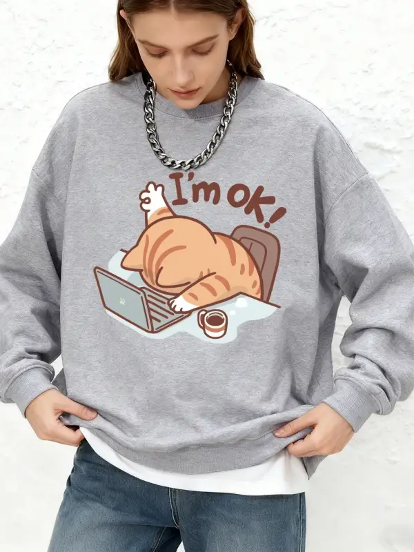Eğlenceli Kedi Ben İyiyim Baskılı Sweatshirt Kadın Sonbahar Sıcak Uzun Kollu Kapüşonlu Üstler
