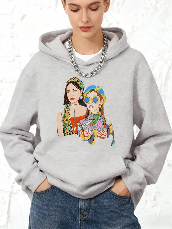 El Boyalı Şehir Kızları Baskılı Kapüşonlu Pamuklu Kadın Kışlık Polar Sıcak Kazak Cepli Joggin