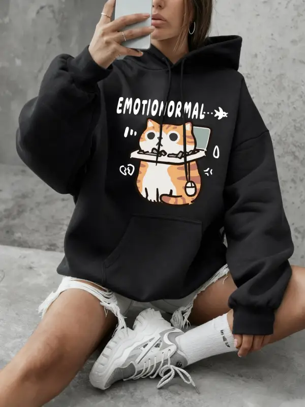 Emotion Abnormal Cat Baskılı Sweatshirtler Kadınlar İçin Kışlık Polar Sıcak Kapüşonlu Üstler