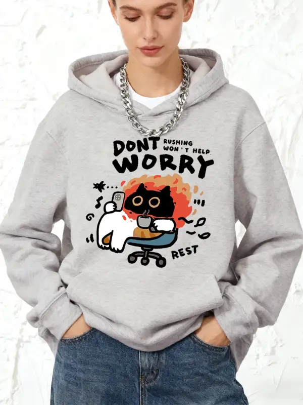 Endişelenme Kedi Baskılı Kapüşonlular Pamuklu Kadın Koşu Cep Kazakları Sportif Bol Sweatshirt