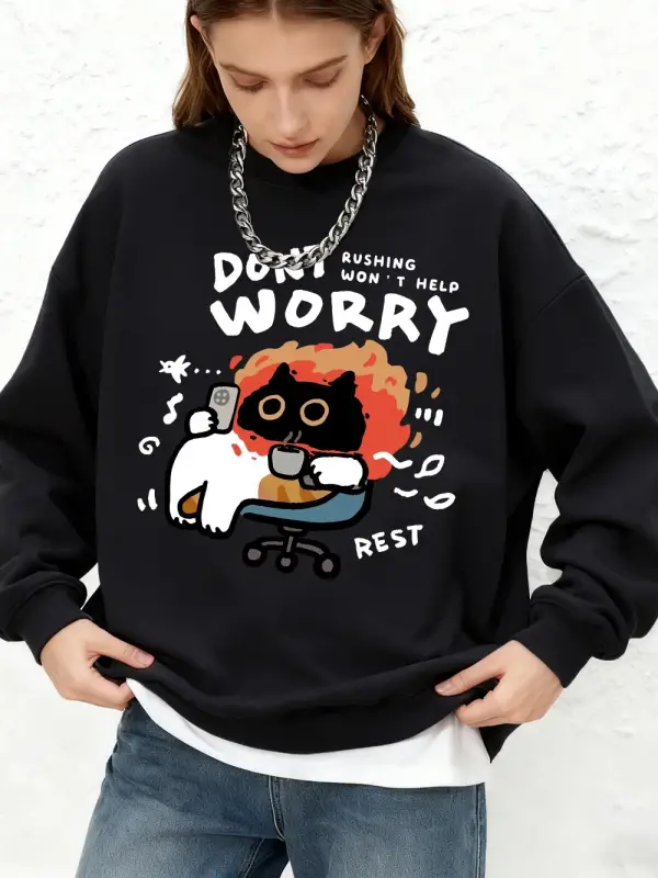 Endişelenmeyin Kedi Baskılı Kapüşonlu Üstler Bayanlar İçin Basit Sıcak Uzun Kollu Sweatshirt
