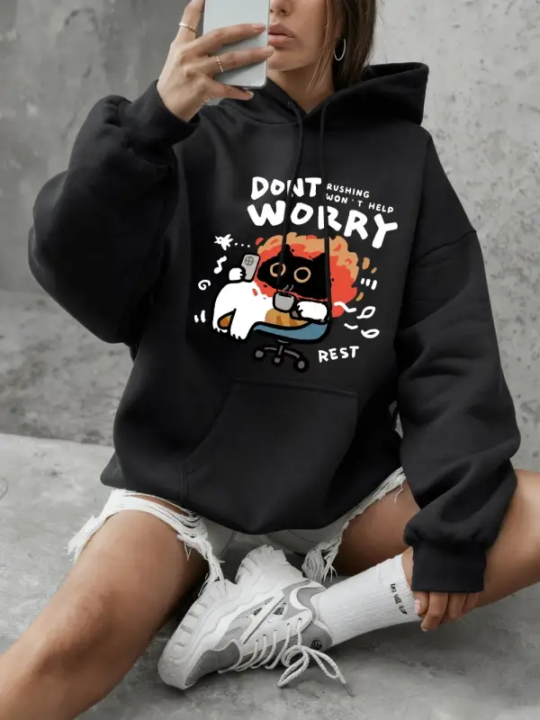 Endişelenmeyin Kedi Baskılı Tişörtü Bayan Temel Ürünleri Bisiklet Yaka Kapüşonlu Üstler Günlü