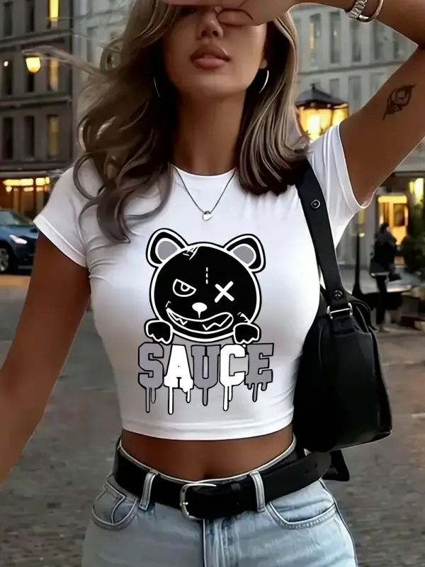 Eritilmiş Karikatür Ayı Baskılar Bayan Kırpma Üstleri Yaz O-Boyun Uydurma İnce Tişörtler Yüks