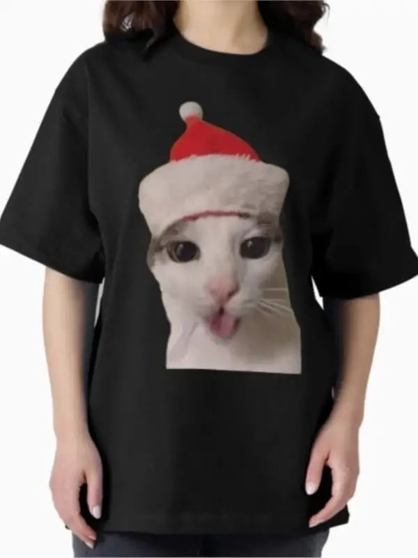 Erkekler Kadınlar için Aptal Noel Kedi Tişörtü %100 Pamuklu Tişörtler Kısa Kollu Üstler 1208-