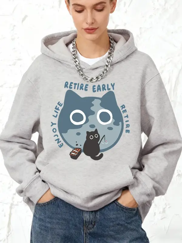 Erken Emeklilik Yaşamın Keyfini Çıkarın Kedi Baskılı Pamuklu Kapüşonlu Kadın Kışlık Cepli Swe