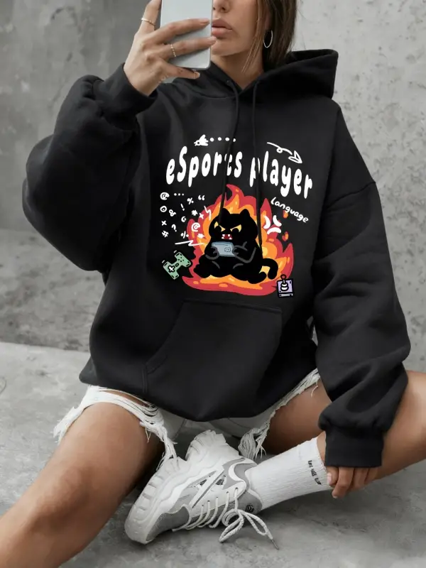 Esports Oyuncu Kedi Baskılı Kapüşonlu Üst Kadın Kışlık Polar Sıcak Sweatshirt Basic Yuvarlak
