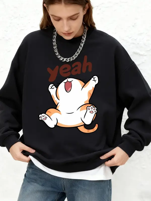 Evet Mutlu Karikatür Kedi Baskılı Kapüşonlu Üstler Kadınlar İçin Kışlık Büyük Beden Jogger Sw
