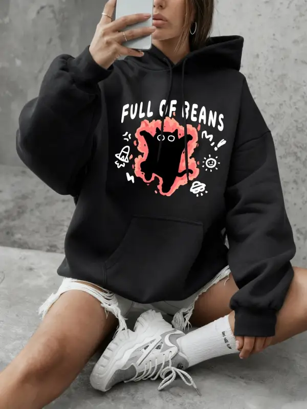 Fasulye dolu kedi baskılar tişörtü kadın temelleri bisiklet yaka kapüşonlular rahat gevşek ka