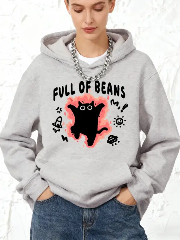 Fasulye Dolu Kedi Baskılı Kapüşonlu Üstler Pamuklu Kadın Eşofman Cepli Kazaklar Sportif Bol S