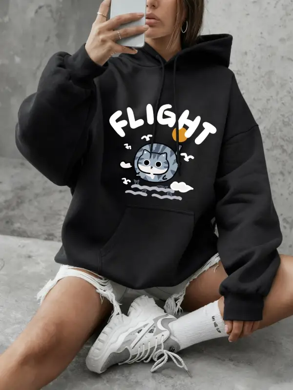 Fight Cat Balık Yakalar Baskılı Tişörtler Bayan Günlük Bol Kapüşonlu Üstler Kışlık Polar Sıca