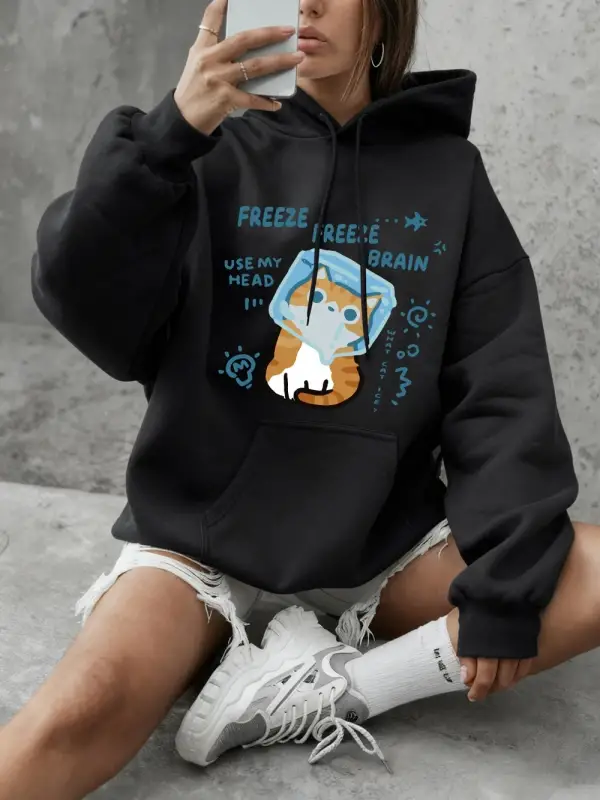 Freeze Freeze Brain Cat Baskılı Kapüşonlu Üstler Kadınlar İçin Basic Bisiklet Yaka Sweatshirt