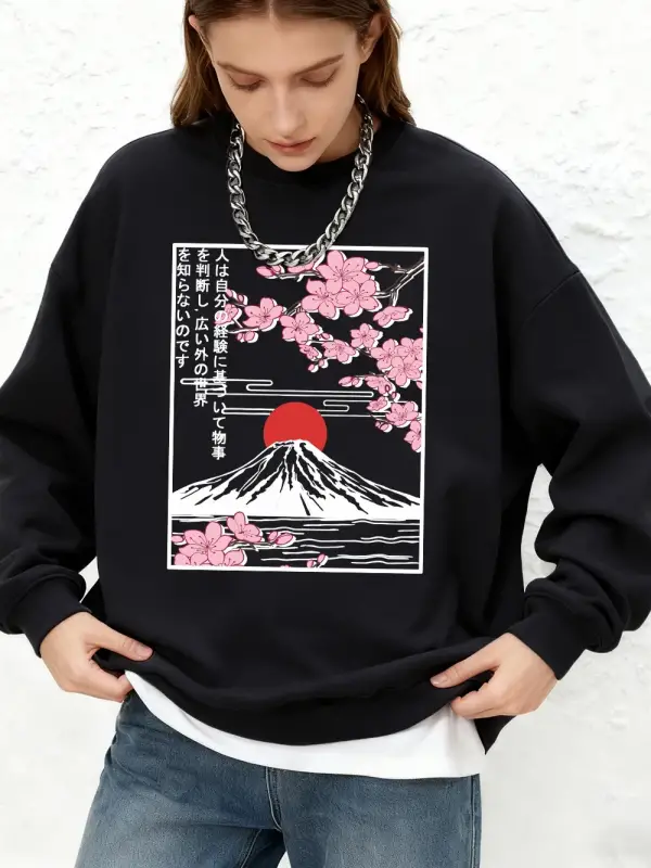 Fuji Dağı Kiraz Çiçekleri Baskılı Kadın Sweatshirtleri Kışlık Büyük Beden Kapüşonlu Spor Bisi