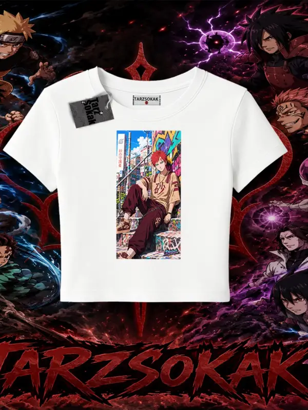 Gaara Naruto Anime Karakteri Kadın Baby Tee Beyaz