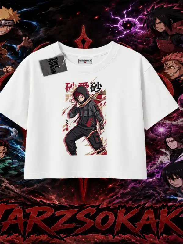 Gaara Naruto Anime Karakteri Kadın Crop Tişört Beyaz