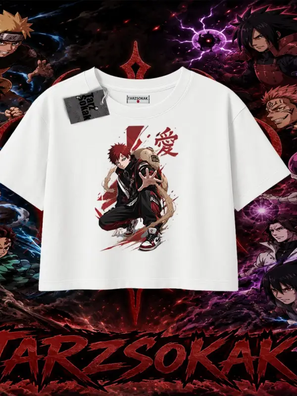 Gaara Naruto Anime Karakteri Kadın Crop Tişört Beyaz