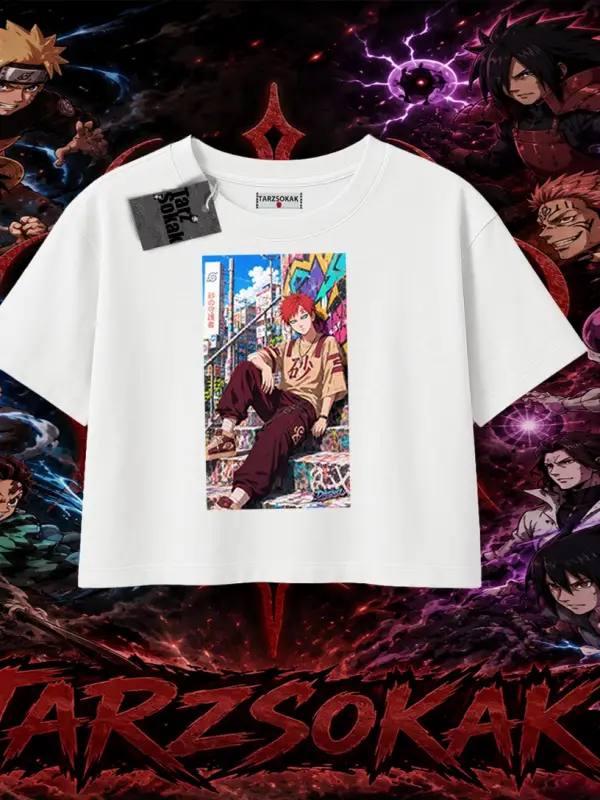 Gaara Naruto Anime Karakteri Kadın Crop Tişört Beyaz