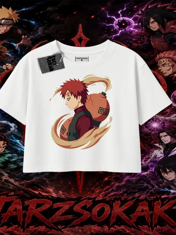 Gaara Naruto Anime Karakteri Kadın Crop Tişört Beyaz