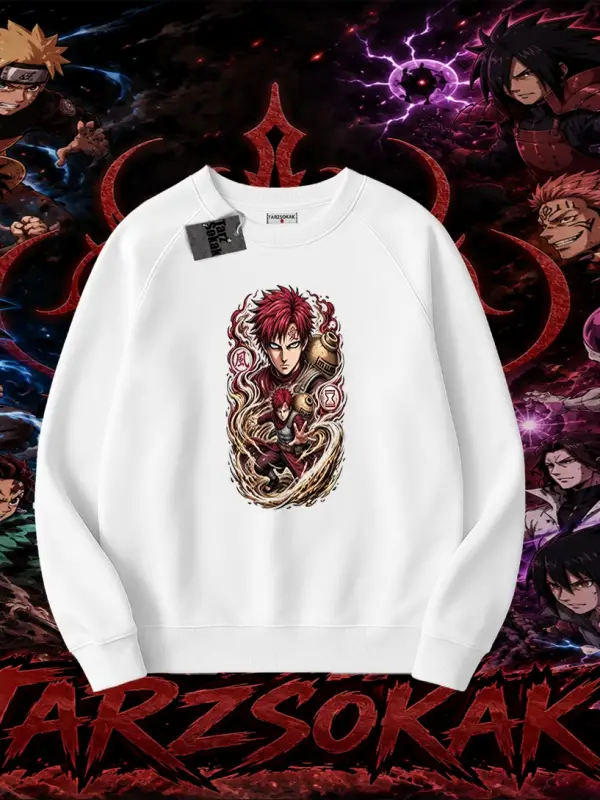 Gaara Naruto Anime Karakteri Oversize Unisex Bisiklet Yaka Sweatshirt Beyaz