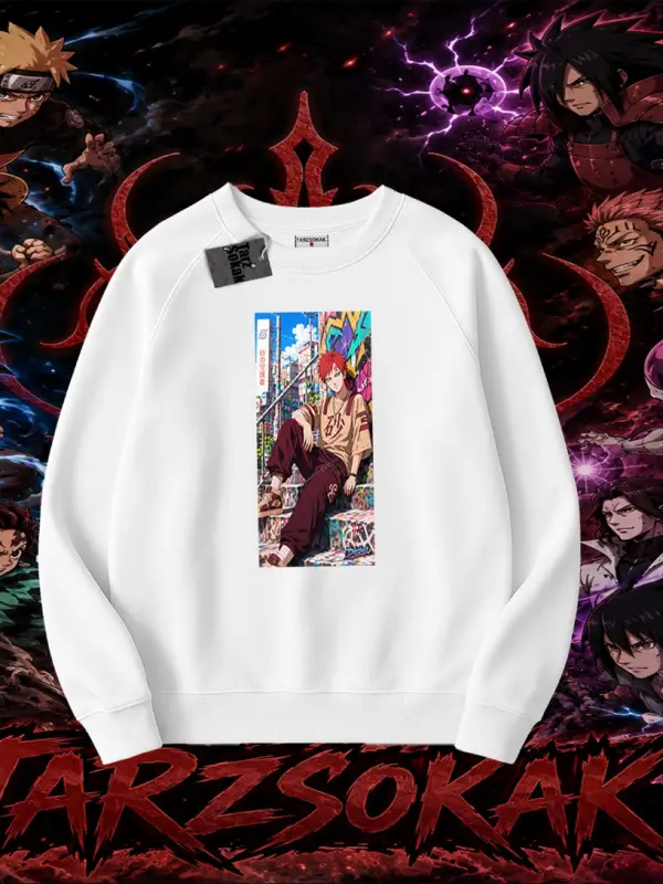 Gaara Naruto Anime Karakteri Oversize Unisex Bisiklet Yaka Sweatshirt Beyaz