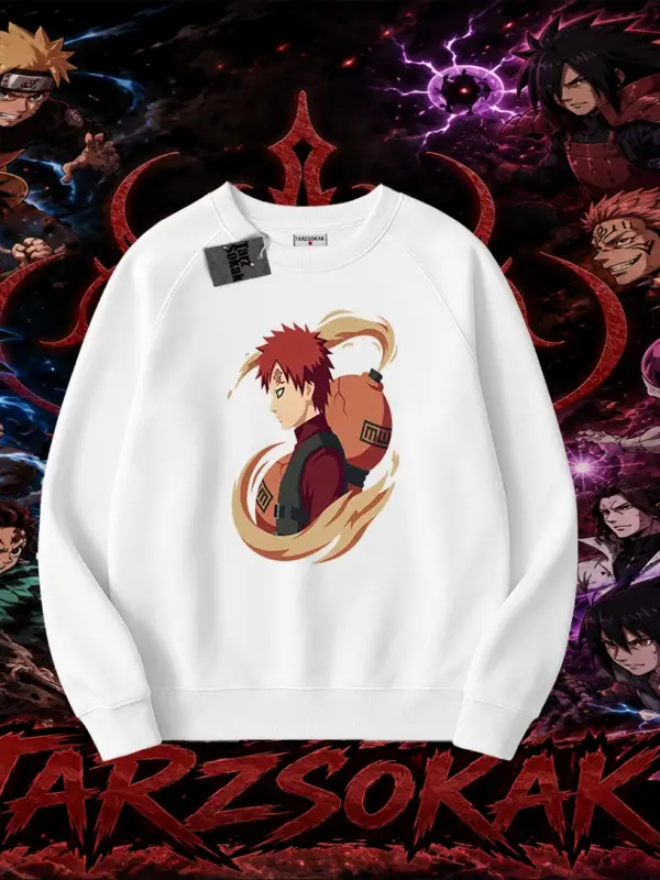 Gaara Naruto Anime Karakteri Oversize Unisex Bisiklet Yaka Sweatshirt Beyaz