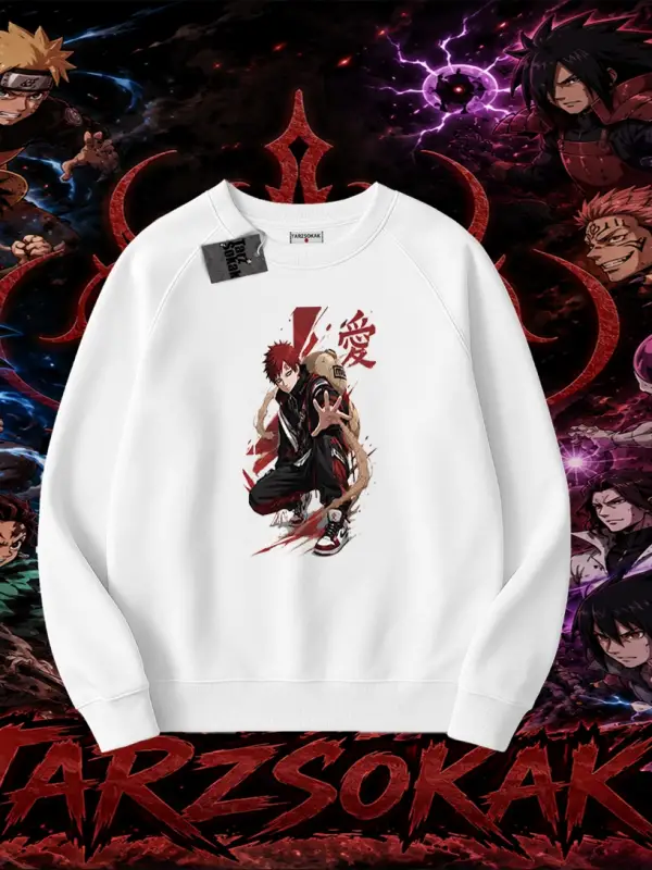 Gaara Naruto Anime Karakteri Oversize Unisex Bisiklet Yaka Sweatshirt Beyaz