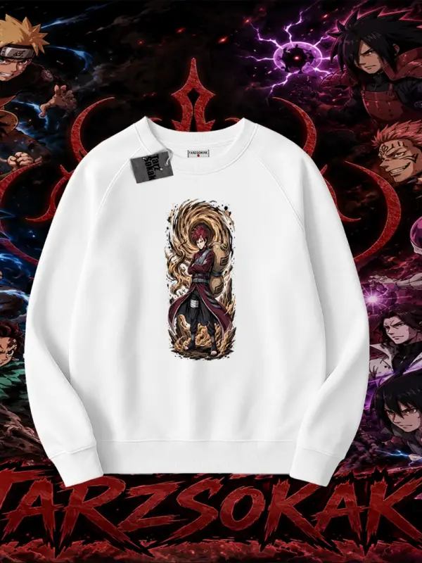 Gaara Naruto Anime Karakteri Oversize Unisex Bisiklet Yaka Sweatshirt Beyaz