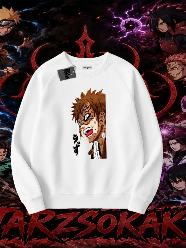 Gaara Naruto Anime Karakteri Oversize Unisex Bisiklet Yaka Sweatshirt Beyaz