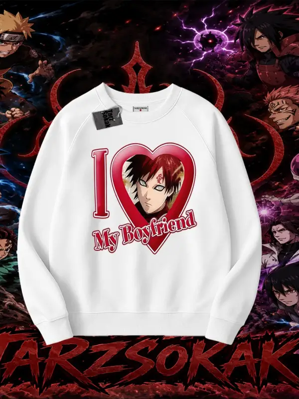 Gaara Naruto Anime Karakteri Oversize Unisex Bisiklet Yaka Sweatshirt Beyaz