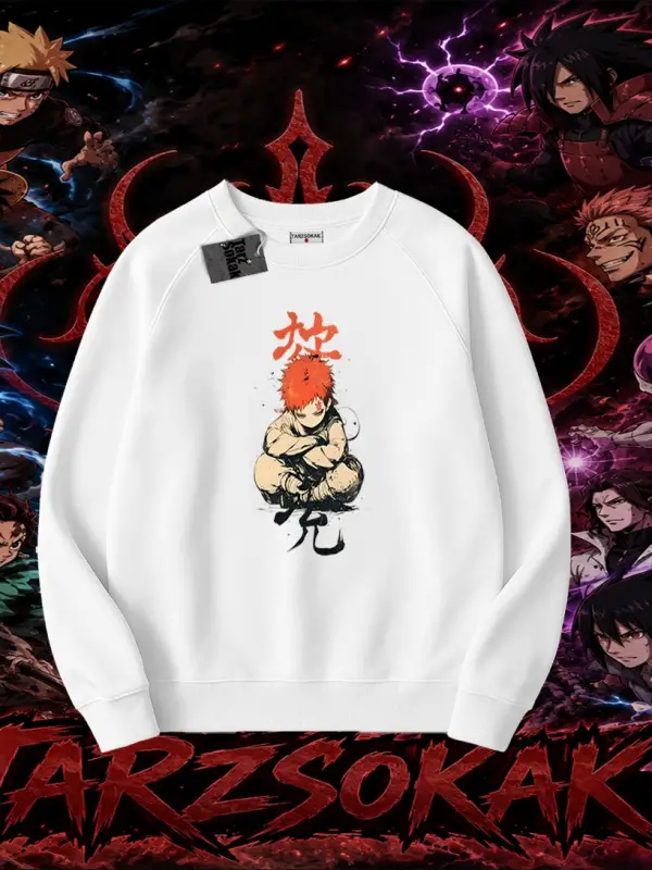 Gaara Naruto Anime Karakteri Oversize Unisex Bisiklet Yaka Sweatshirt Beyaz