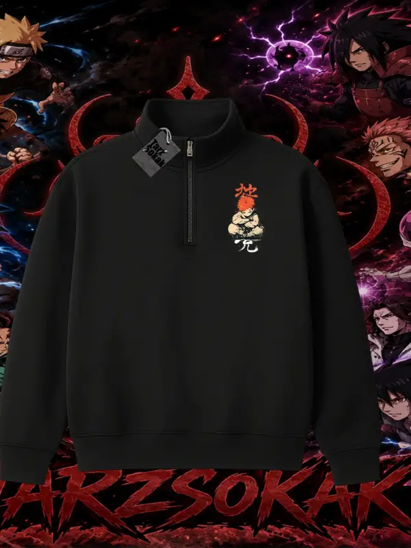 Gaara Naruto Anime Karakteri Unisex Polo Yaka Yarım Fermuarlı Sweatshirt Beyaz