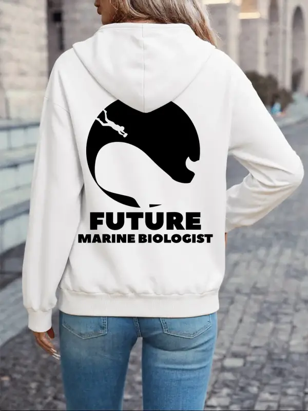 Geleceğin Deniz Biyoloğu Baskılı Kapüşonlu Üstler Kadın Rahat Gevşek Kazak Polar Sıcak Yumuşa