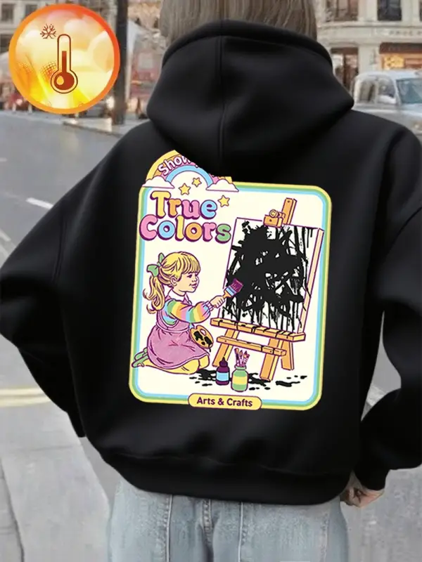 Gerçek Renkler Komik Çizgi Roman Baskılı Kapüşonlu Üstler Kadınlar Sonbahar Polar Sıcak Sweat