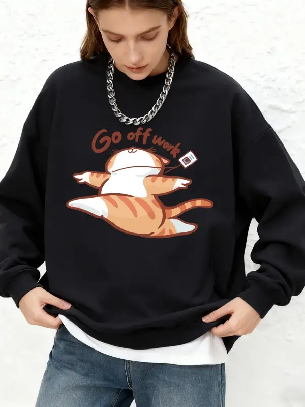 Go Off Work Happy Cat Baskılı Tişörtü Bayan Sonbahar Sıcak Uzun Kollu Kapüşonlular Jogger Bis