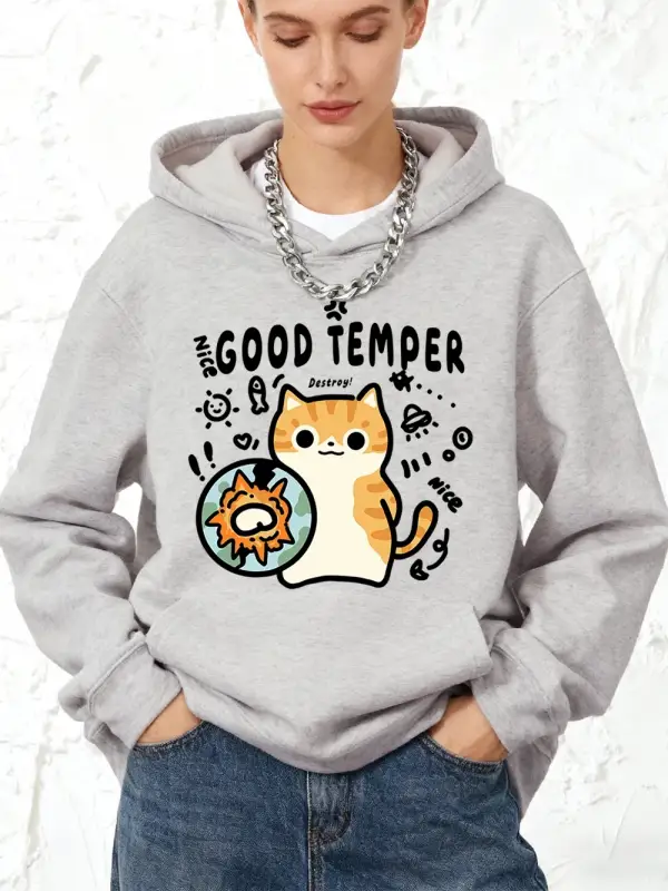 Good Temper Destroy Cat Baskılı Pamuklu Kapüşonlu Kadın Sporcu Bol Kazak Kışlık Polar Sıcak S