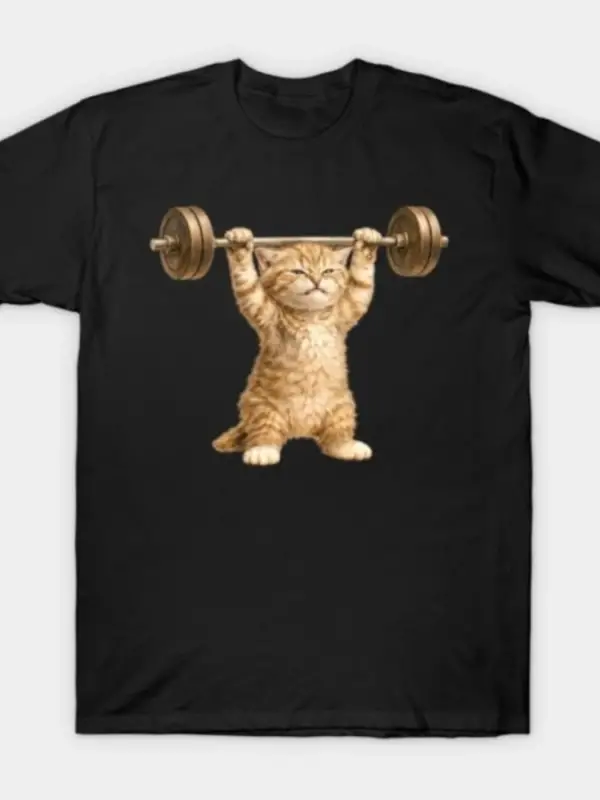 Güçlü Yavru Kedi Ağırlıkları Kaldırıyor Komik Tasarım T-shirt Erkekler Kadınlar Için % 100% P