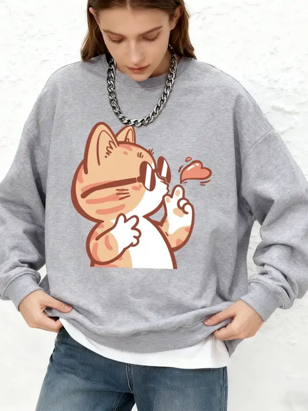 Güneş gözlüğü takan kedi uçan öpücük baskı kapüşonlu üst kadın temel uzun kollu o-boyun kazak