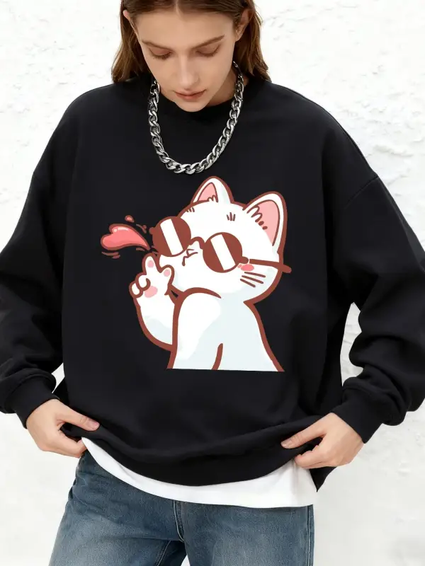 Güneş Gözlüklü Bayan Kedi Baskılı Tişörtü Bayan Sonbahar Jogger Sıcak Kapüşonlular O-Boyun Bü