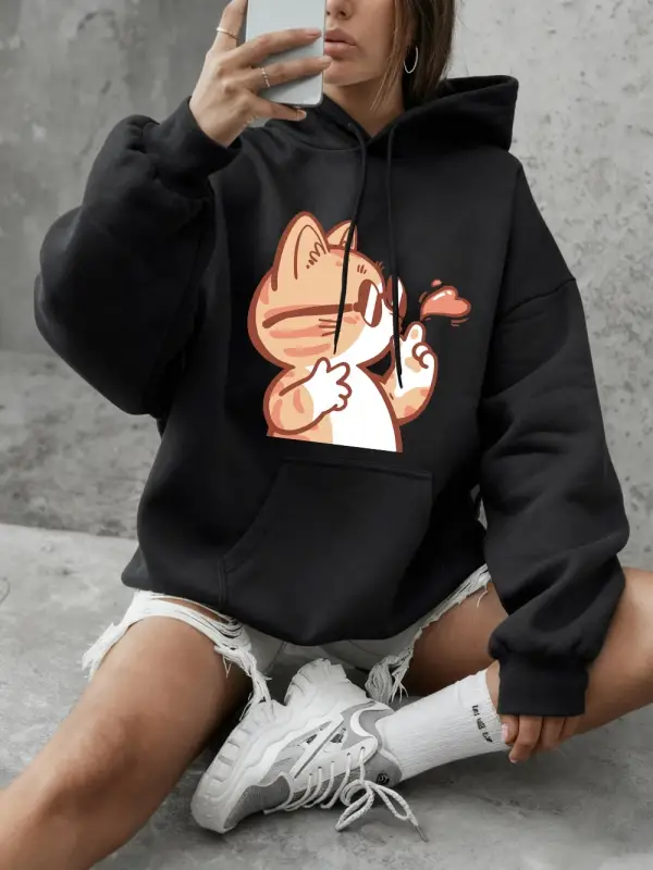 Güneş Gözlüklü Kedi Uçan Öpücük Baskılı Kapüşonlu Üstler Kadınlar Kışlık Polar Sıcak Sweatshi