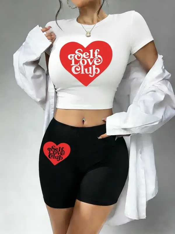 Günlük Kendine Sevgi Kulübü Kalp Baskılı Babby Tee ve Şort Kadın İki Parça Takım Tişörtleri Yu
