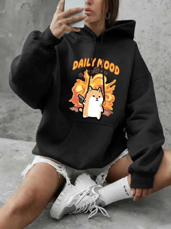 Günlük Mood Kedi Baskılı Sweatshirtler Kadınlar Kışlık Polar Sıcak Kapüşonlu Üstler Temel Bis