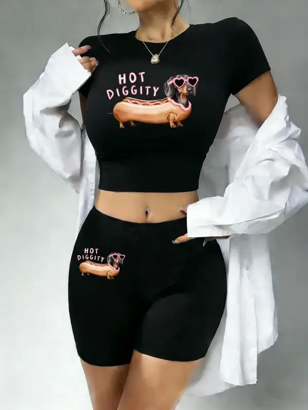 Günlük Sıcak Diggity Dachshund Köpek Baskılı Babby Tee ve Şort Kadın İki Parçalı Set Tişörtler