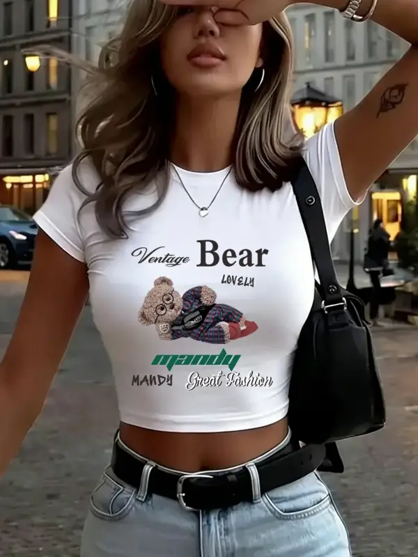Güzel Ayı Karikatür Baskılar Bayan Kırpma Üstleri Yaz Yüksek Elastik Yumuşak Tişörtler Dar Ke