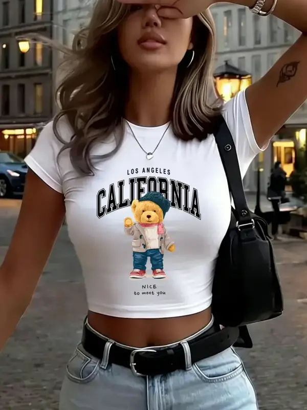 Güzel Tanışmaktayım Sevimli Ayı Baskılı Kadın Babby TeeTişörtleri Yazlık Yüksek Esnek Yumuşak Üst