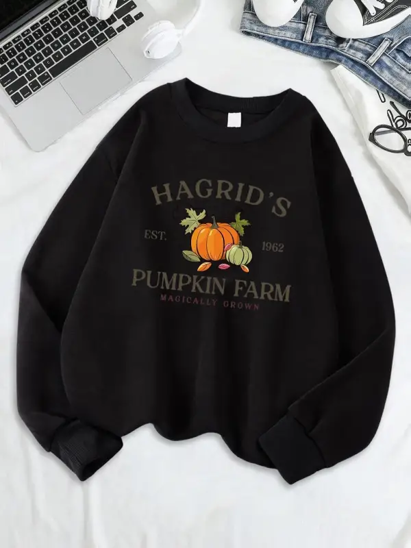 HagridS Kabak Çiftliği Baskılı Tişörtü Kadın Gevşek Rahat Hoodie Polar Sıcak Bisiklet Yaka E