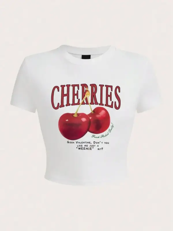 Harajuku kadın kırpma üst taze kırmızı kiraz baskı Tee gömlek rahat o-boyun yumuşak Streetwea