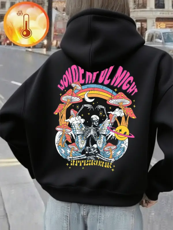 Harika Gece İskelet Baskılar Kapüşonlular Bayan Gevşek Cep Kazaklar Kış Polar Sıcak Tişörtü T